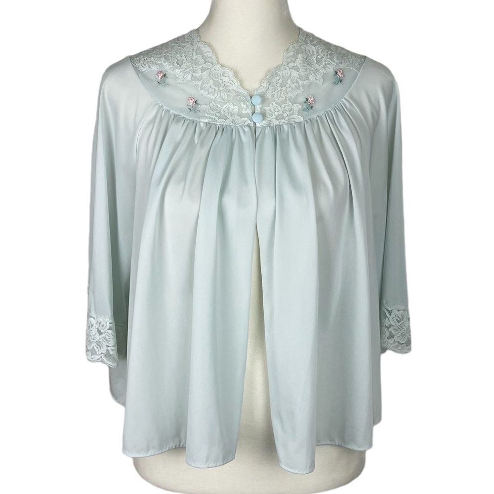 Vintage Cottagecore Lace Bed Jacket Shadowline Size S Blue Embroidered